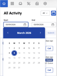 Click to enlarge. Activity view filtering by date range