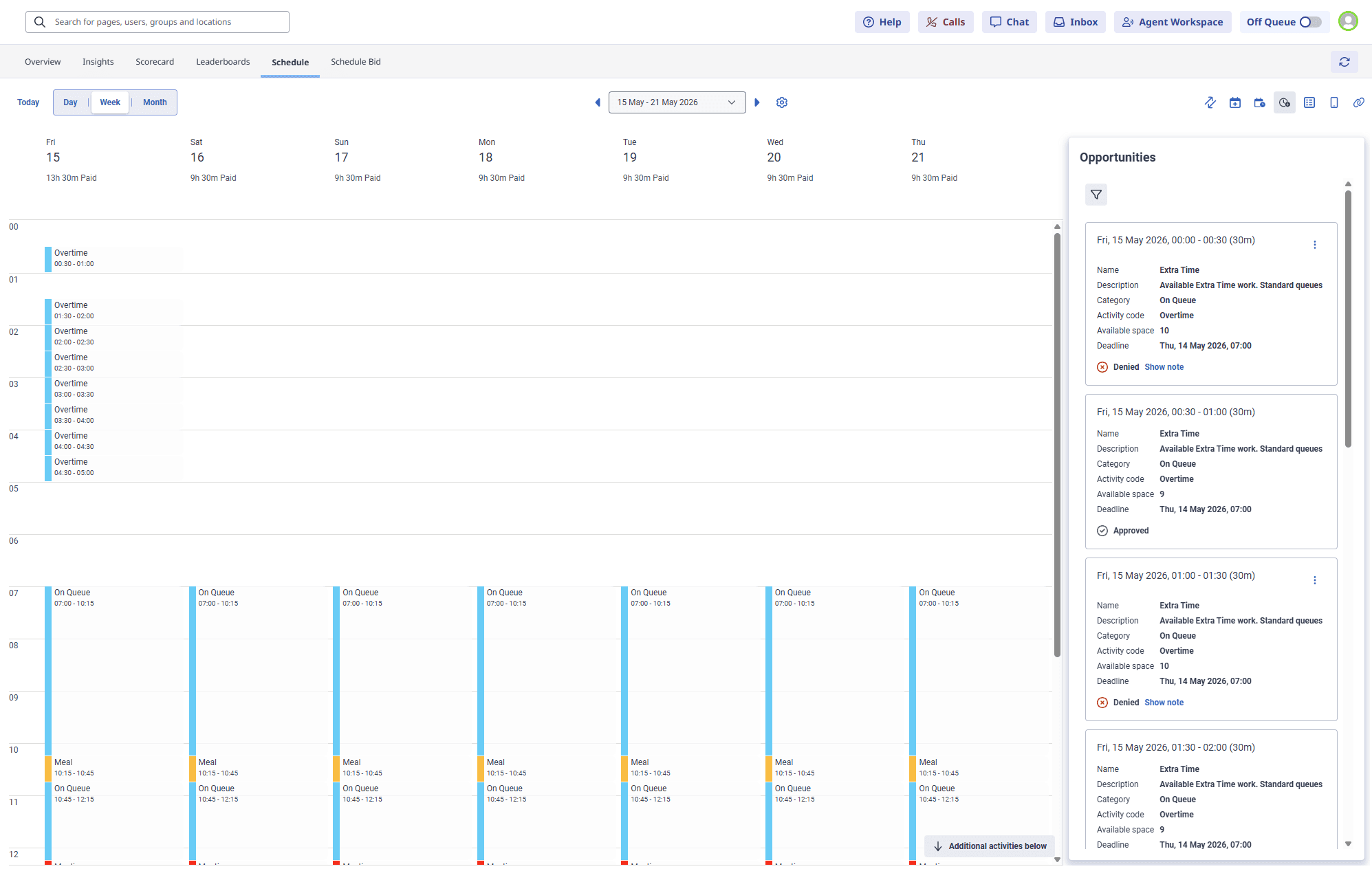 Click to enlarge. Displays the agent schedule view